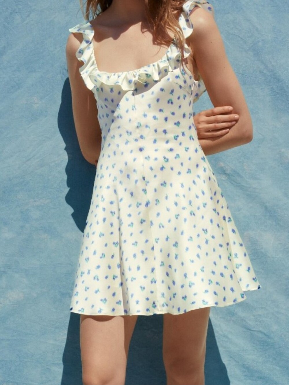 Yello Mini Dress with Blue Floral Print and Ruffle Straps